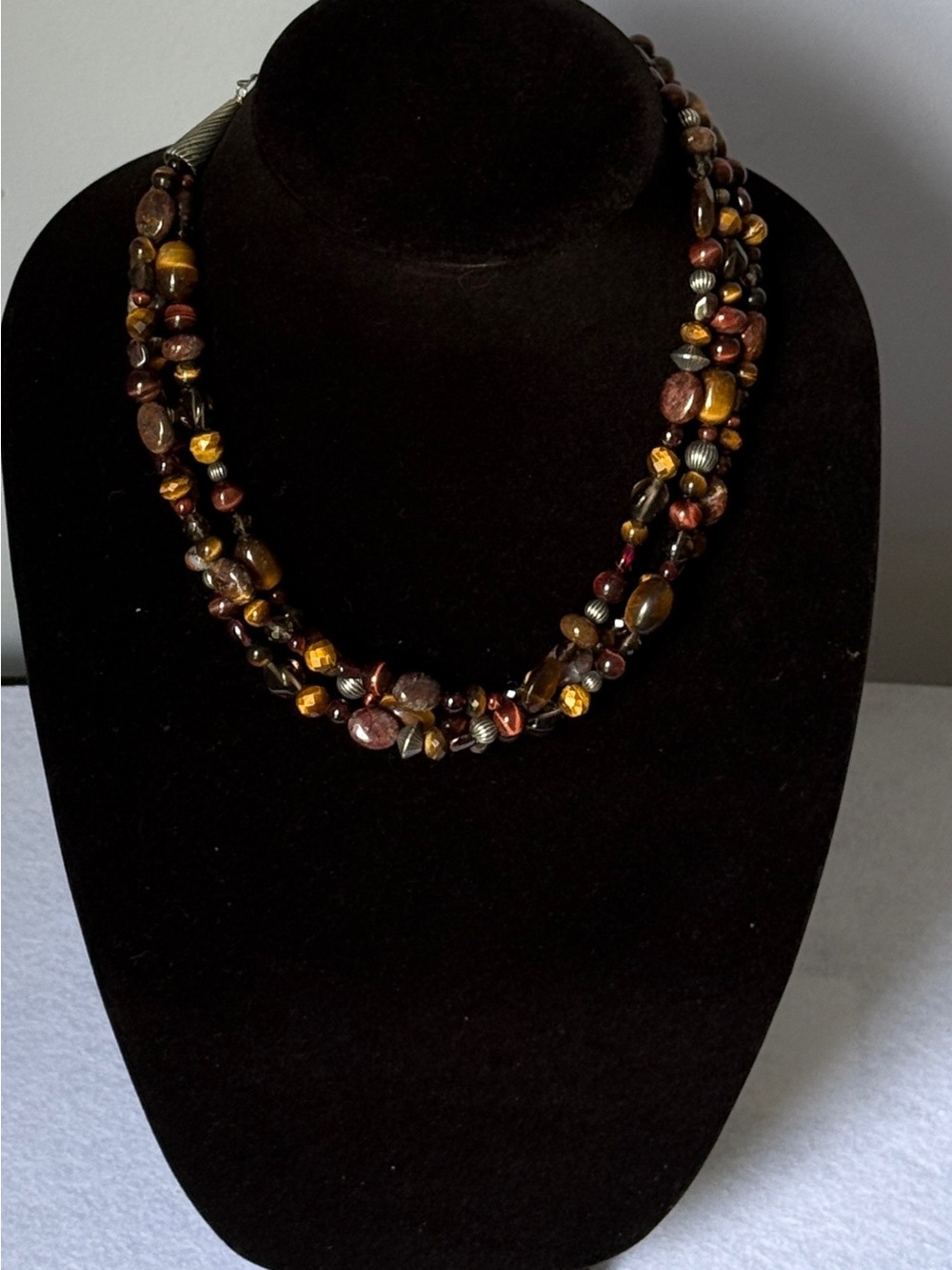 Carolyn Pollack Sterling Silver Tiger Eye Jasper Smoky Quartz Beaded Necklace
